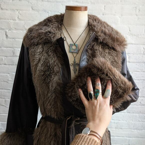 70s Vintage Black Brown Leather Penny Lane Coat Faux Fur Groovy Boho Moto Jacket - Picture 2 of 13